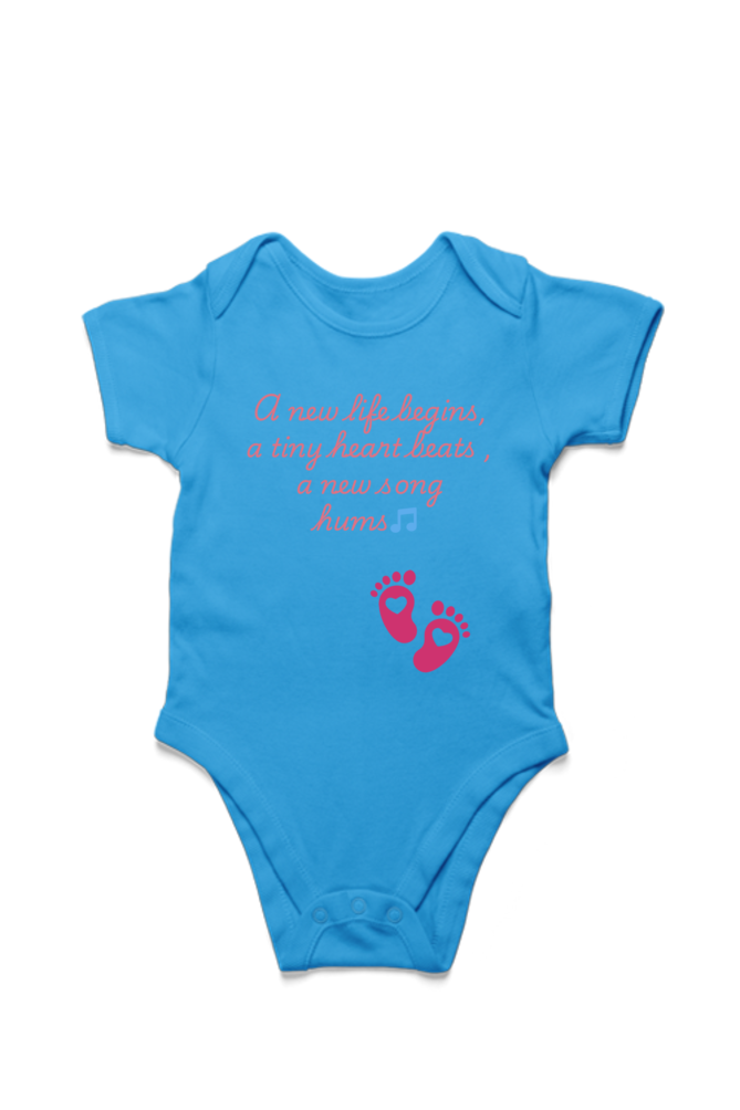 Blue "A New Life Begins" Baby Onesie 🌟👶 featuring sweet quote and heart-shaped footprints, perfect for your little one.