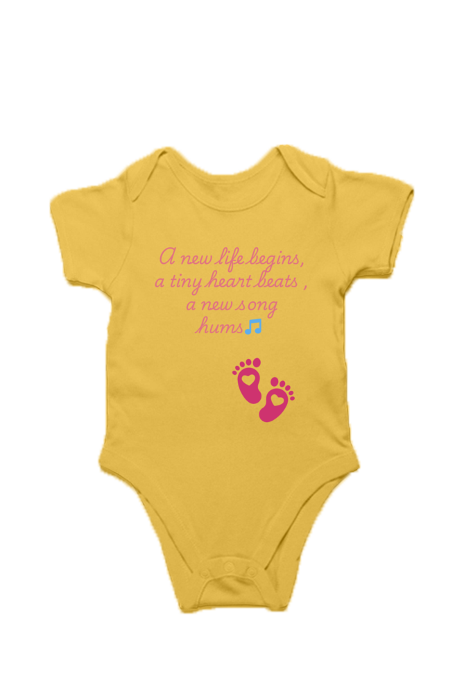 Bright yellow "A New Life Begins" Baby Onesie 🌟👶 featuring sweet heart-shaped footprints, perfect for new beginnings.